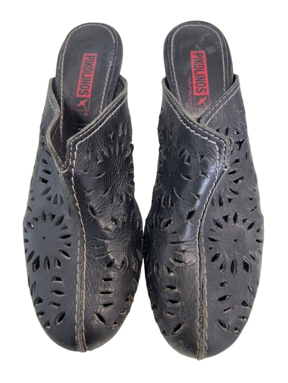 Pikolinos Clogs Size 39 Leather Laser Cut Slip On Mule Round Toe Black Hippie